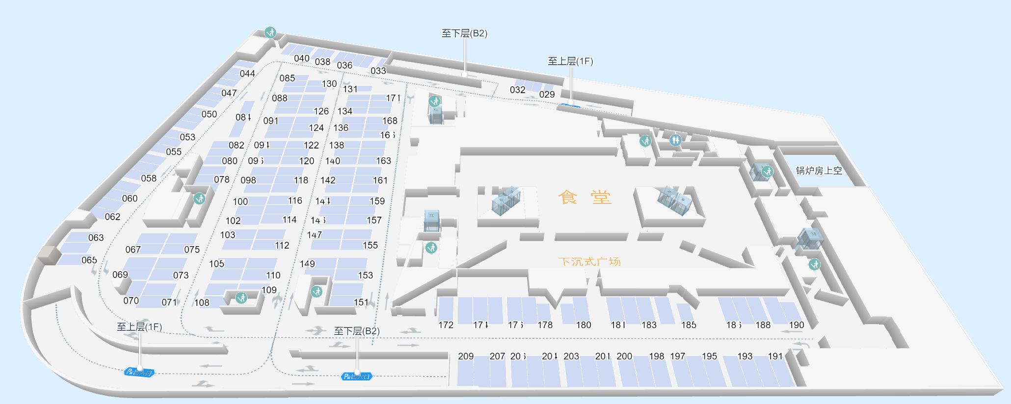 停车场电子地图与车位导航，展示楼层、车道和目的地关系