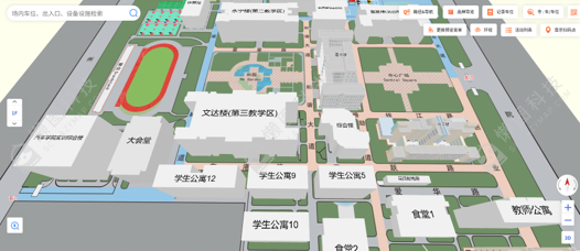 台州职业技术学院校园三维地图，展示楼栋、道路与运动场馆导览